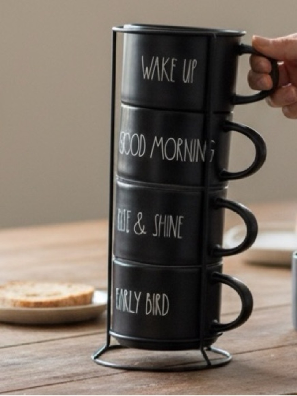 Rae Dunn - Morning Black Stacked Mugs Set - about 4” diameter x 3.5” height